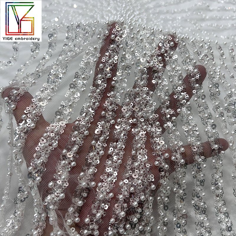 luxury women wedding bridal beads fabric White tulle beaded embroidered fabrics glitter wedding dress Pearls lace fabric