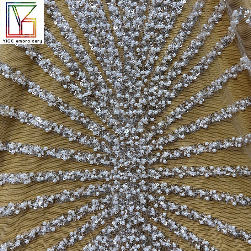 luxury women wedding bridal beads fabric White tulle beaded embroidered fabrics glitter wedding dress Pearls lace fabric