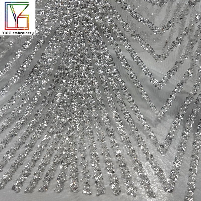 luxury women wedding bridal beads fabric White tulle beaded embroidered fabrics glitter wedding dress Pearls lace fabric