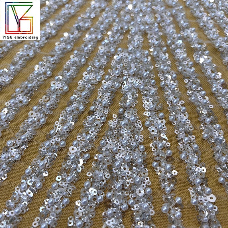luxury women wedding bridal beads fabric White tulle beaded embroidered fabrics glitter wedding dress Pearls lace fabric