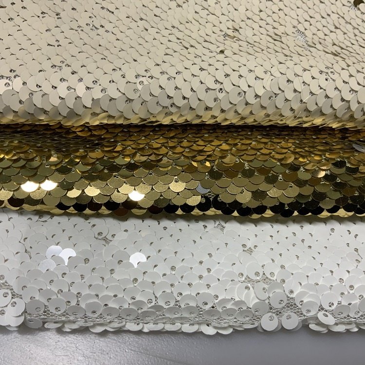 Shaoxing textile cheap shiny lurex heavy reversible mermaid sequins matte 5mm full sequin net embroidered fabric