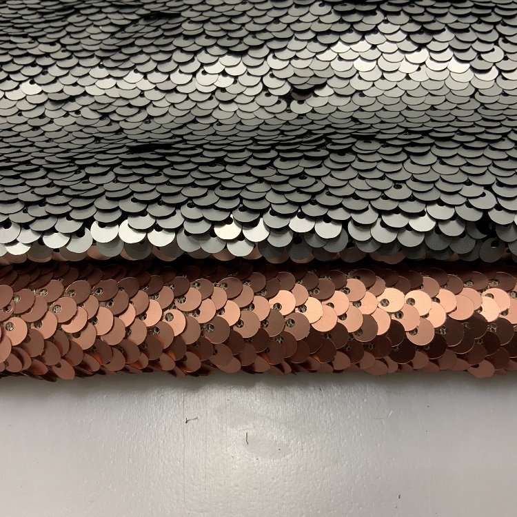 Shaoxing textile cheap shiny lurex heavy reversible mermaid sequins matte 5mm full sequin net embroidered fabric