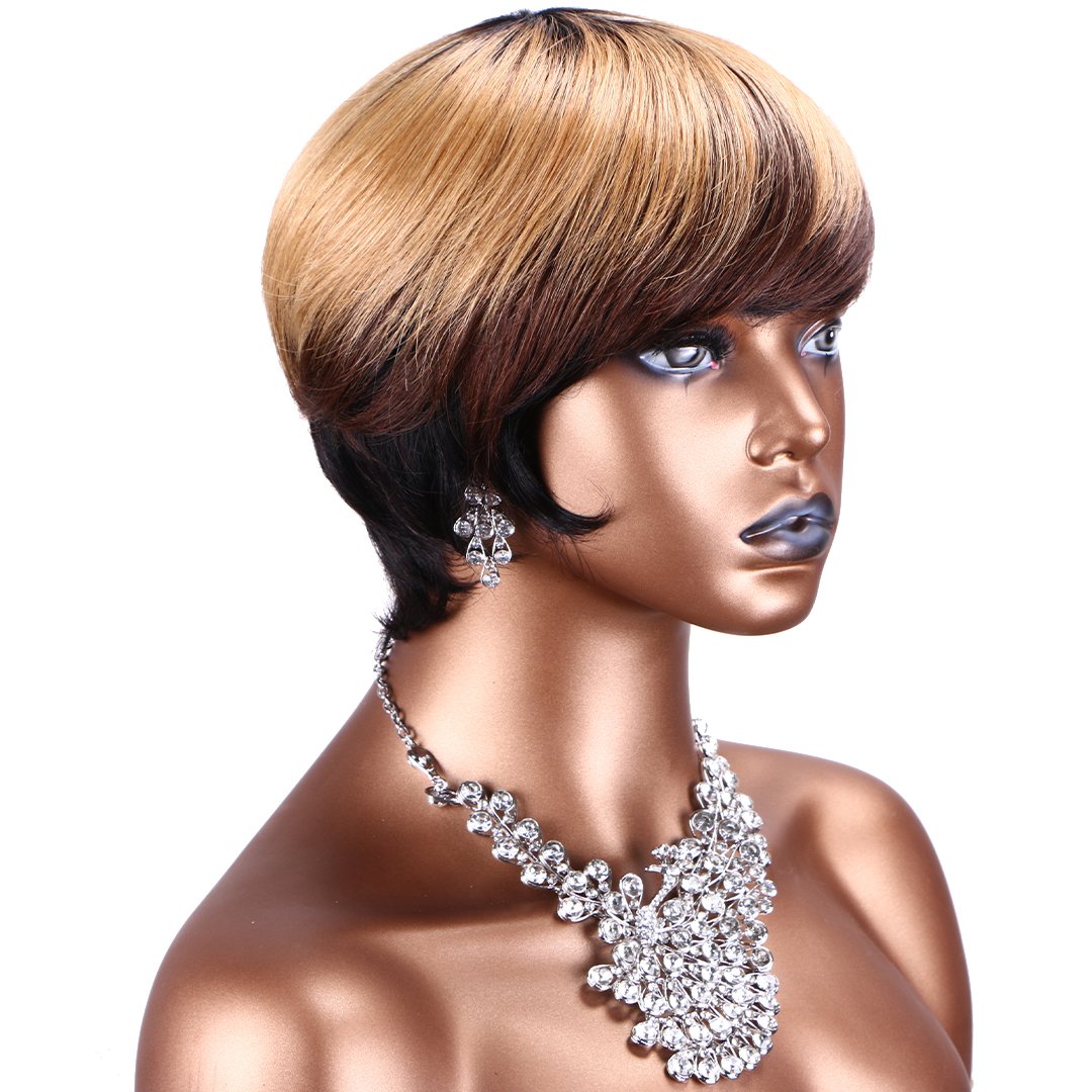 ombre color golden straight Brazilian human hair wig extension no lace hand made short cut style natural wig