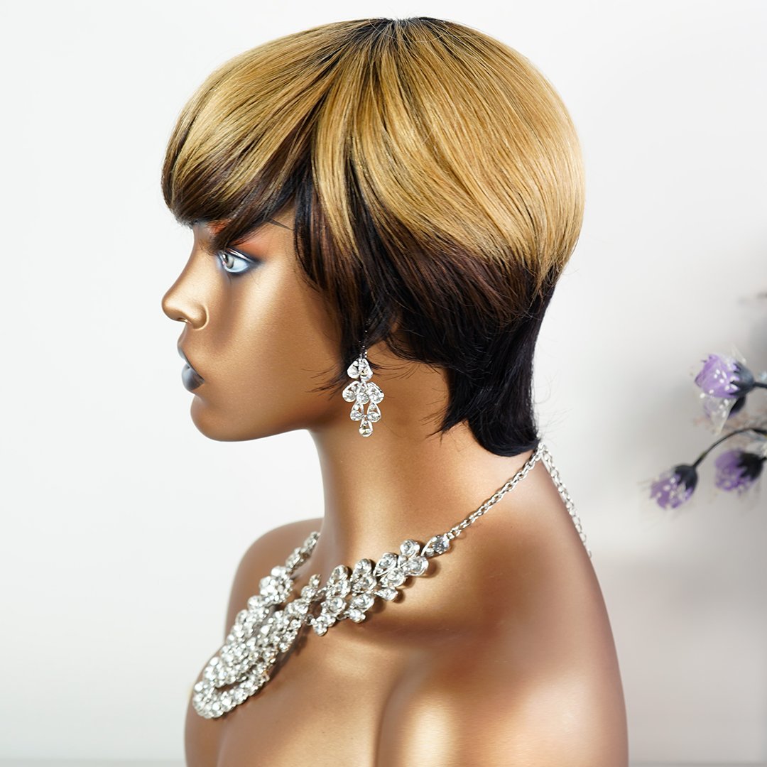 ombre color golden straight Brazilian human hair wig extension no lace hand made short cut style natural wig
