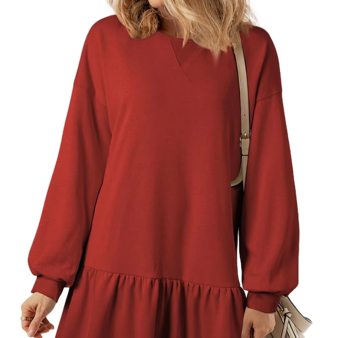 Womens Fall Long Sleeve Pullover Tops Crewneck Rib Knit Patchwork Sweatshirt Dress Solid Color Casual Mini Dresses