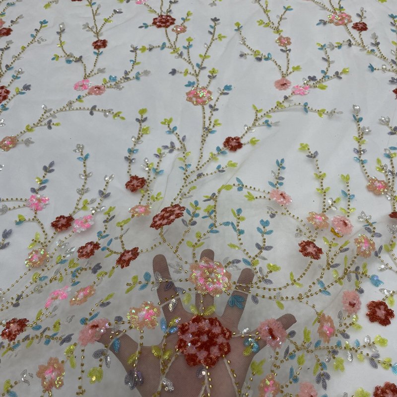 RTS 4 Colors Floral Sequins Beads Tube Embroidery Lace Wedding Dress Fabric For Party Dress