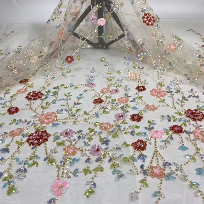 RTS 4 Colors Floral Sequins Beads Tube Embroidery Lace Wedding Dress Fabric For Party Dress