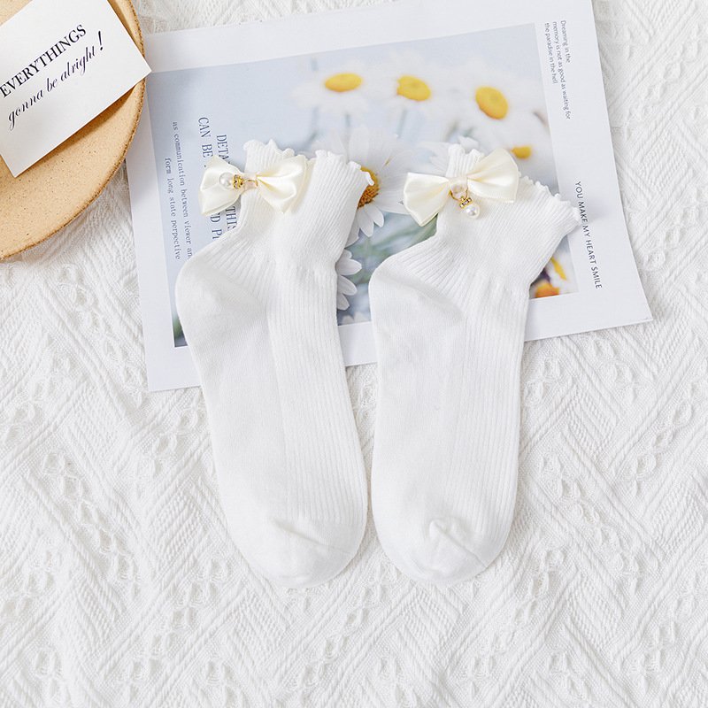 Women Knit Loose Plain White School Lolita Crew socks Teen Girl Bow Tie Custom Ruffle Ribbed Slouch Socks Wholesale Girls Socks