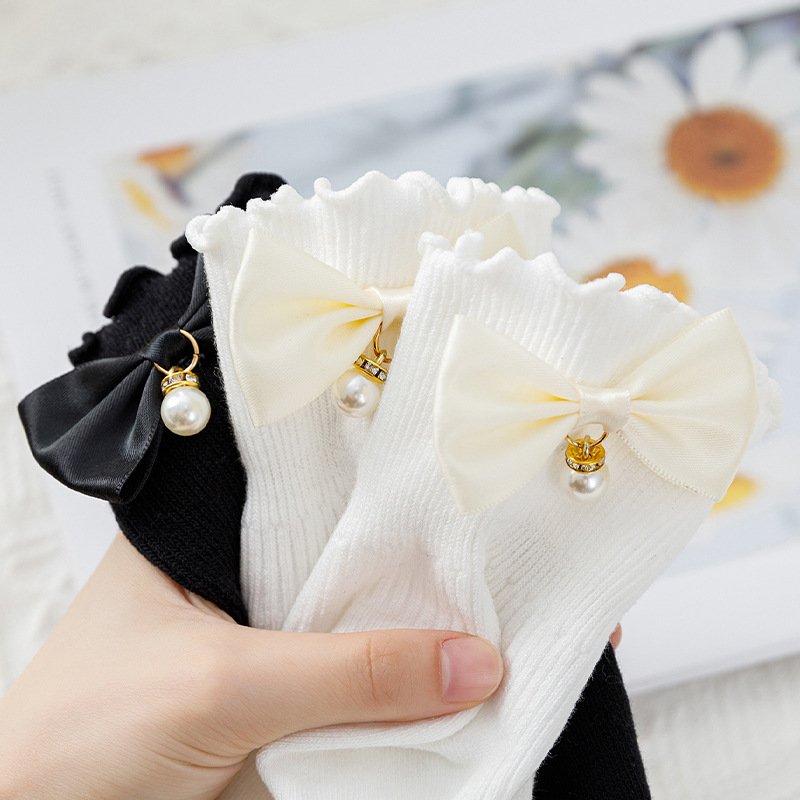 Women Knit Loose Plain White School Lolita Crew socks Teen Girl Bow Tie Custom Ruffle Ribbed Slouch Socks Wholesale Girls Socks