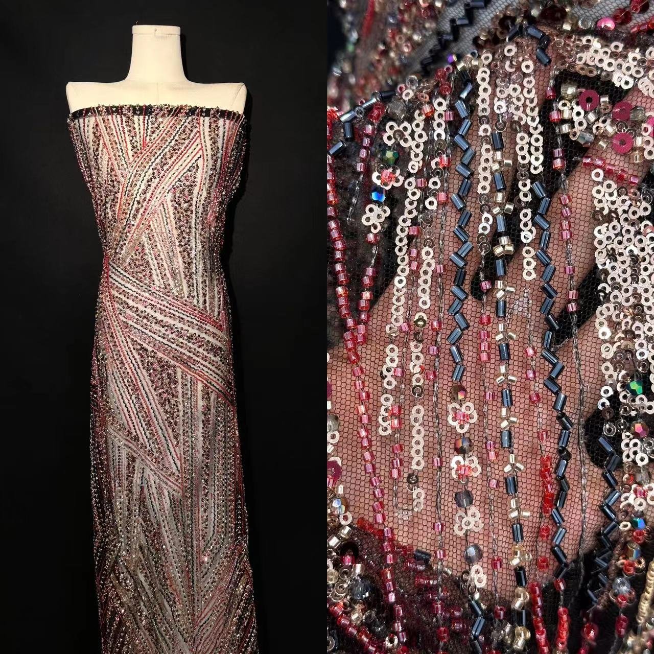 New Luxury Sequins Embroidered Lace Fabric French Bridal Layered embroidered beads dress High quality striped beaded embroidery