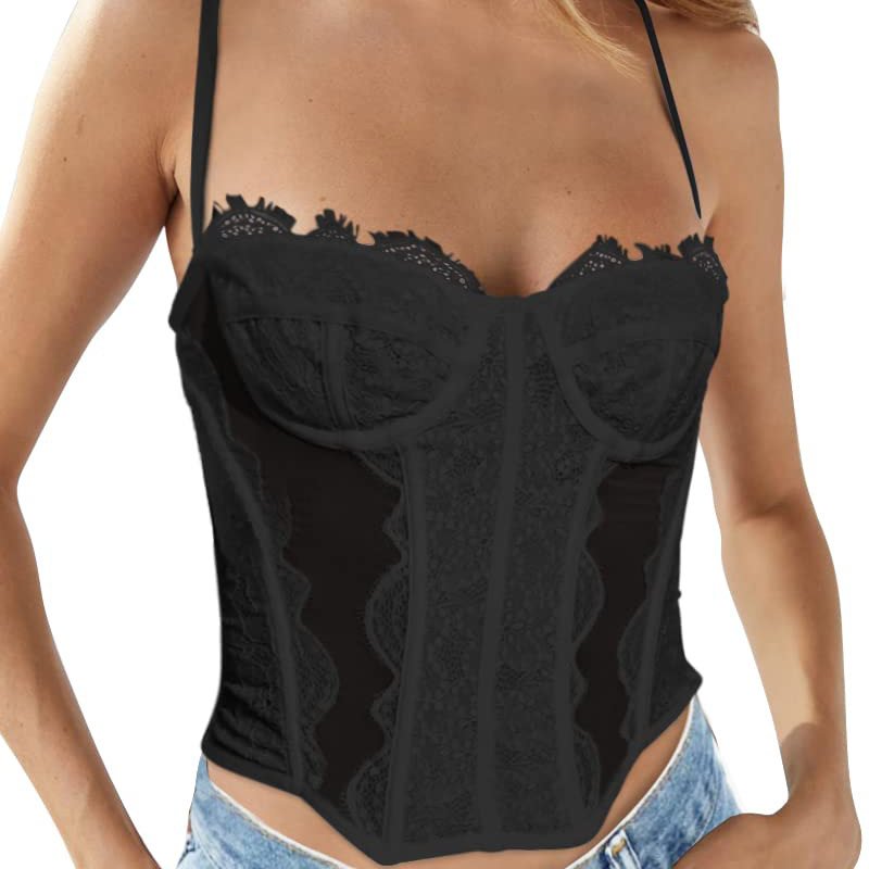 Custom Best Seller Womens Summer Lace Bustier Mesh Sexy Vintage Spaghetti Strap Open Back Boned Corset Going Out Party Crop Top