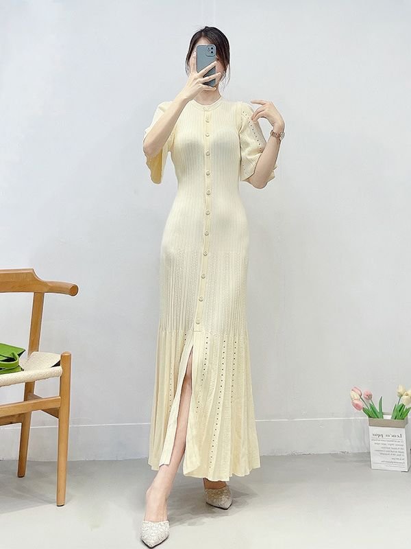 Summer High Quality Crew Neck Short Sleeve Button Down Ribbed Knit Maxi Dress Women