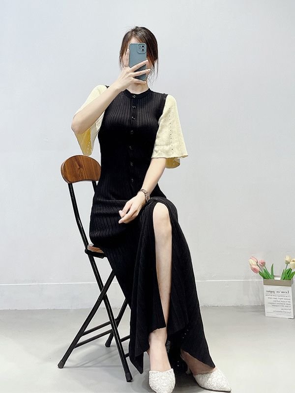 Summer High Quality Crew Neck Short Sleeve Button Down Ribbed Knit Maxi Dress Women