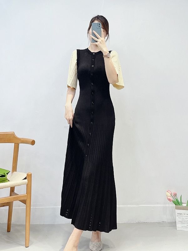 Summer High Quality Crew Neck Short Sleeve Button Down Ribbed Knit Maxi Dress Women