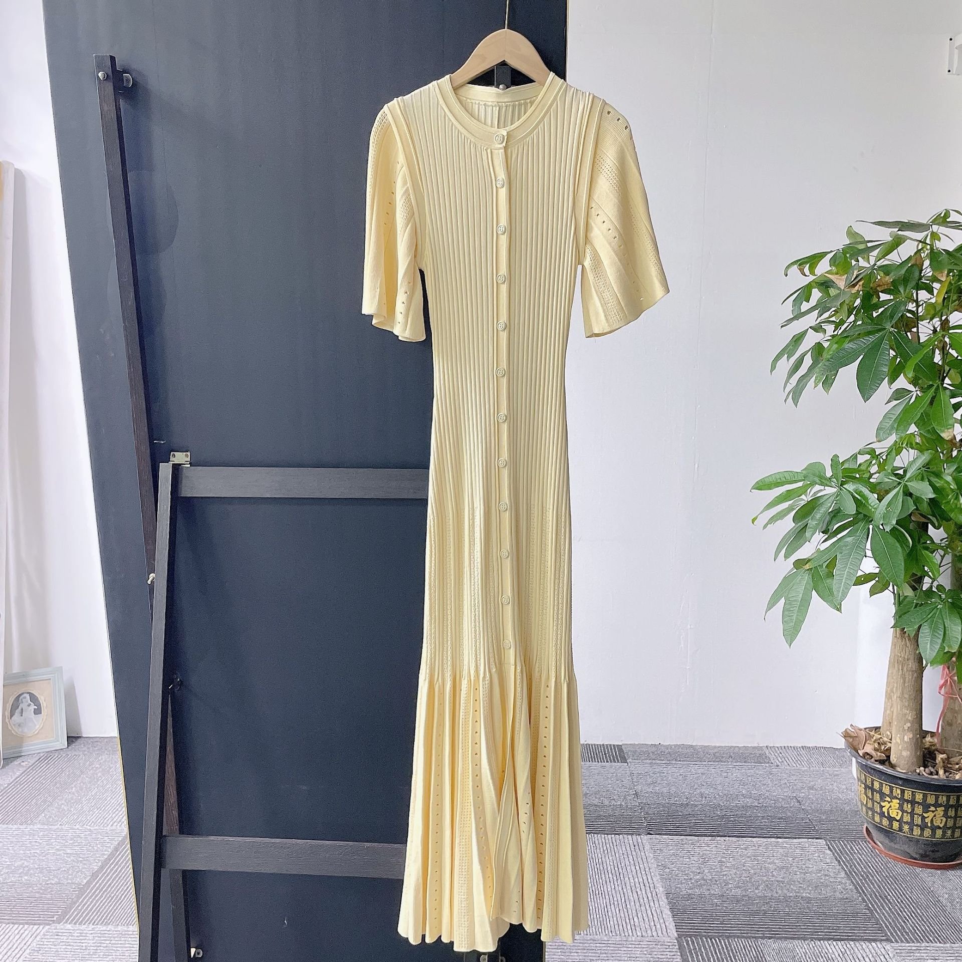 Summer High Quality Crew Neck Short Sleeve Button Down Ribbed Knit Maxi Dress Women