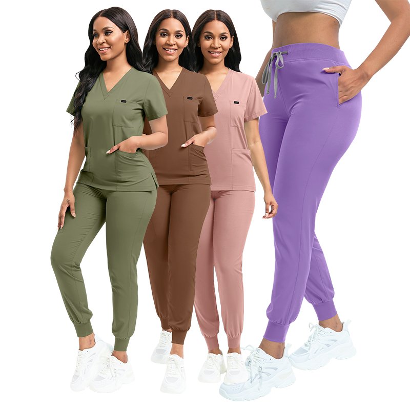 2024 NIAAHINN Fast Delivery TS Stretchy Elastic Knitted Ribbed Waistband Eggplant Purple Jogger Pants Women Stretch Scrub Suits