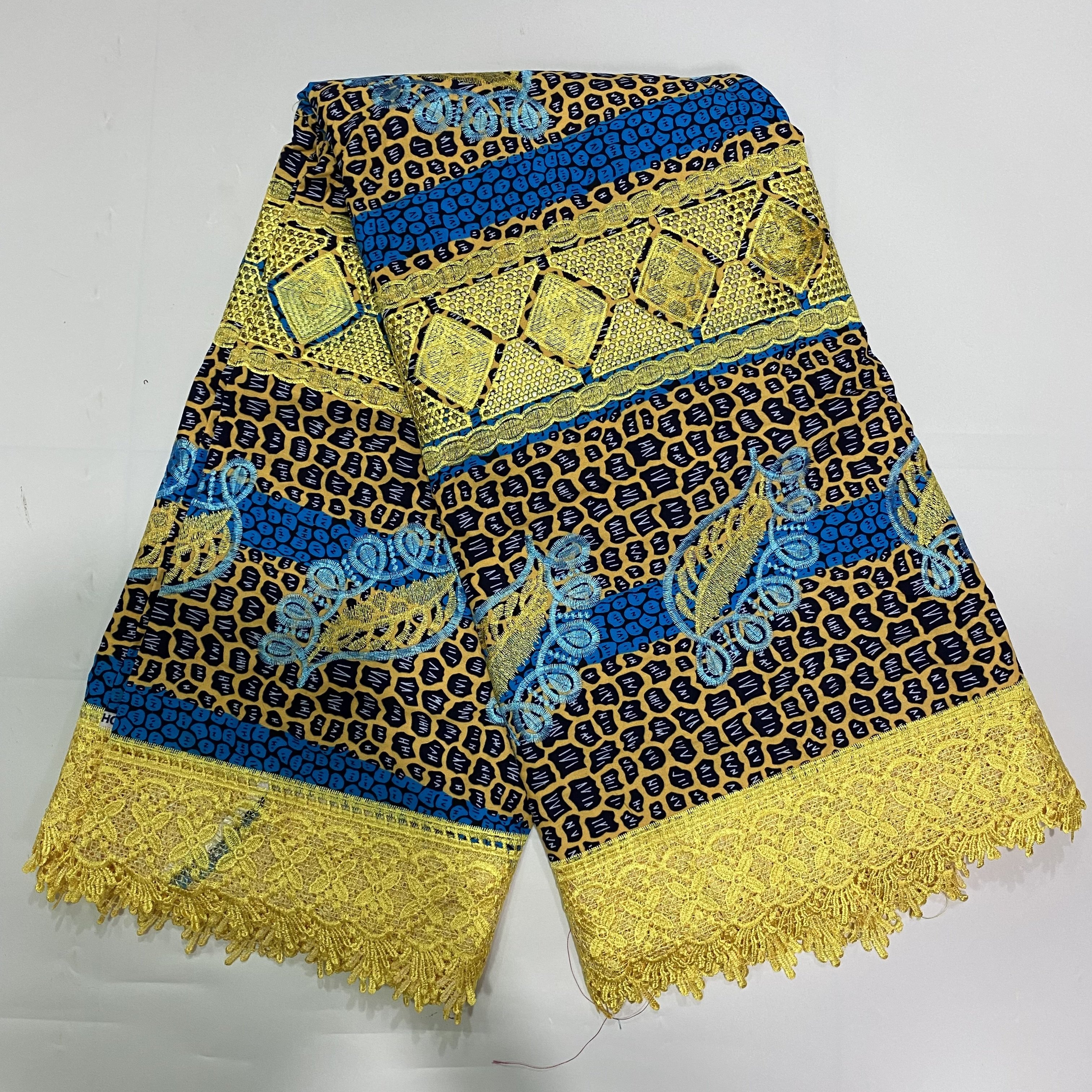 Wax Lace Fabric Cotton African Wax Fabric With Embroidery Lace 6 Yards For Women Dress