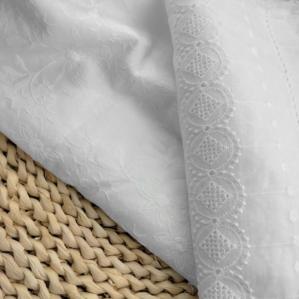 Fancy White Lace Cotton Fabric Border Embroidery Fabric with Holes Embroidered Fabric 100% Cotton Roll 30 Meters Sustainable