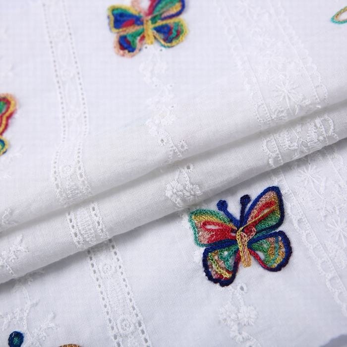 Summer Fashion garment cloth material white plain woven butterfly embroidery fabric in cotton for shirt