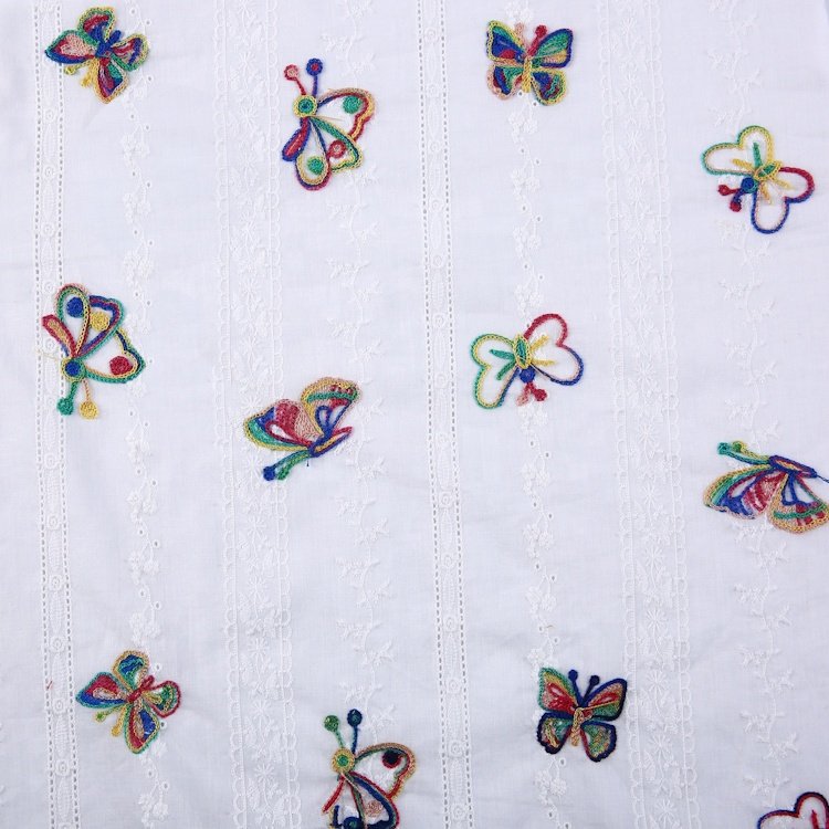 Summer Fashion garment cloth material white plain woven butterfly embroidery fabric in cotton for shirt