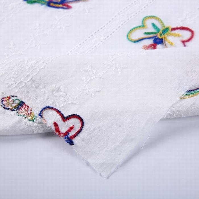 Summer Fashion garment cloth material white plain woven butterfly embroidery fabric in cotton for shirt