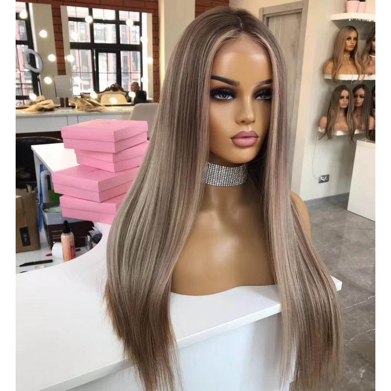 Natural Silk Base Human Hair Wigs Highlight Ash Brown Blonde European Virgin Human Hair Straight Lace Front Wigs Real Scalp