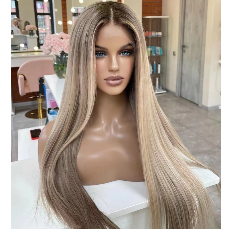 Natural Silk Base Human Hair Wigs Highlight Ash Brown Blonde European Virgin Human Hair Straight Lace Front Wigs Real Scalp