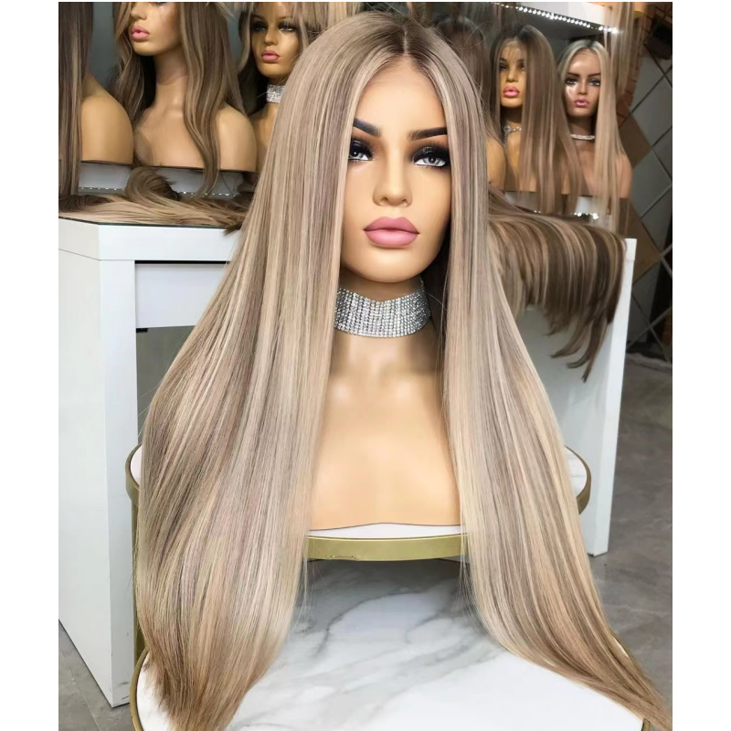 Natural Silk Base Human Hair Wigs Highlight Ash Brown Blonde European Virgin Human Hair Straight Lace Front Wigs Real Scalp