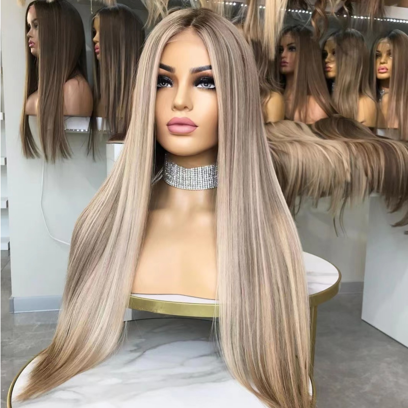 Natural Silk Base Human Hair Wigs Highlight Ash Brown Blonde European Virgin Human Hair Straight Lace Front Wigs Real Scalp