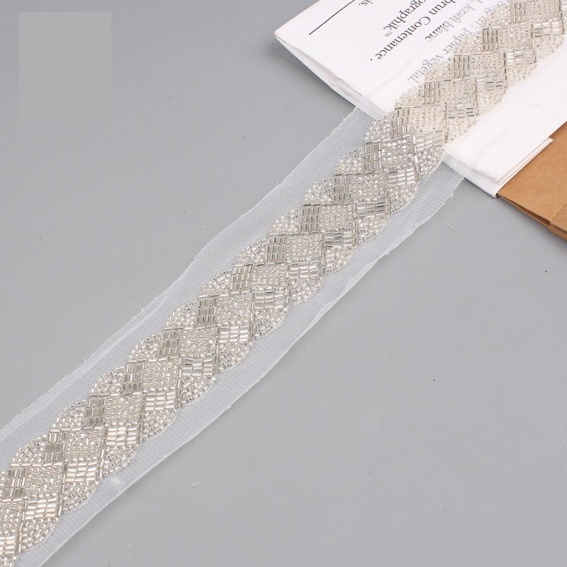 White Pearls Beaded Lace Trim Ribbon With Rhinestone Decorate On Bridal Dress Waist For Garment Accessories