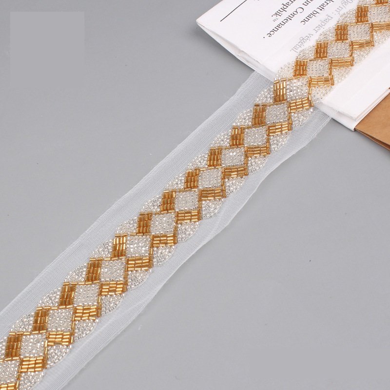 White Pearls Beaded Lace Trim Ribbon With Rhinestone Decorate On Bridal Dress Waist For Garment Accessories