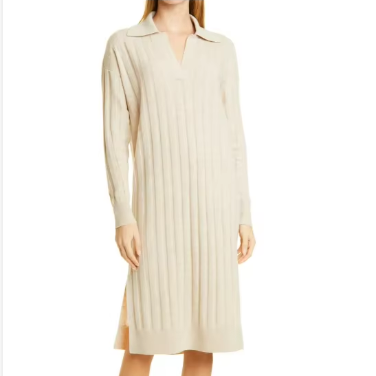 casual fashion design long sleeves polo rib knit cashmere dress for women