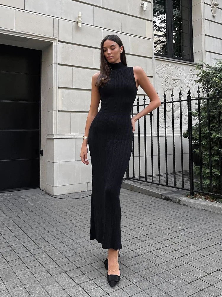 Knitwear manufacturer Custom sleeveless turtleneck sweater knit dress ladies Rib knit Slim Elegant Women Maxi Dress