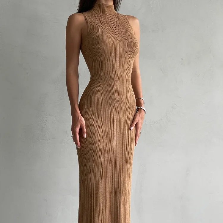 Knitwear manufacturer Custom sleeveless turtleneck sweater knit dress ladies Rib knit Slim Elegant Women Maxi Dress