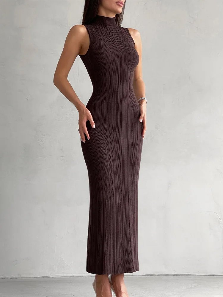 Knitwear manufacturer Custom sleeveless turtleneck sweater knit dress ladies Rib knit Slim Elegant Women Maxi Dress