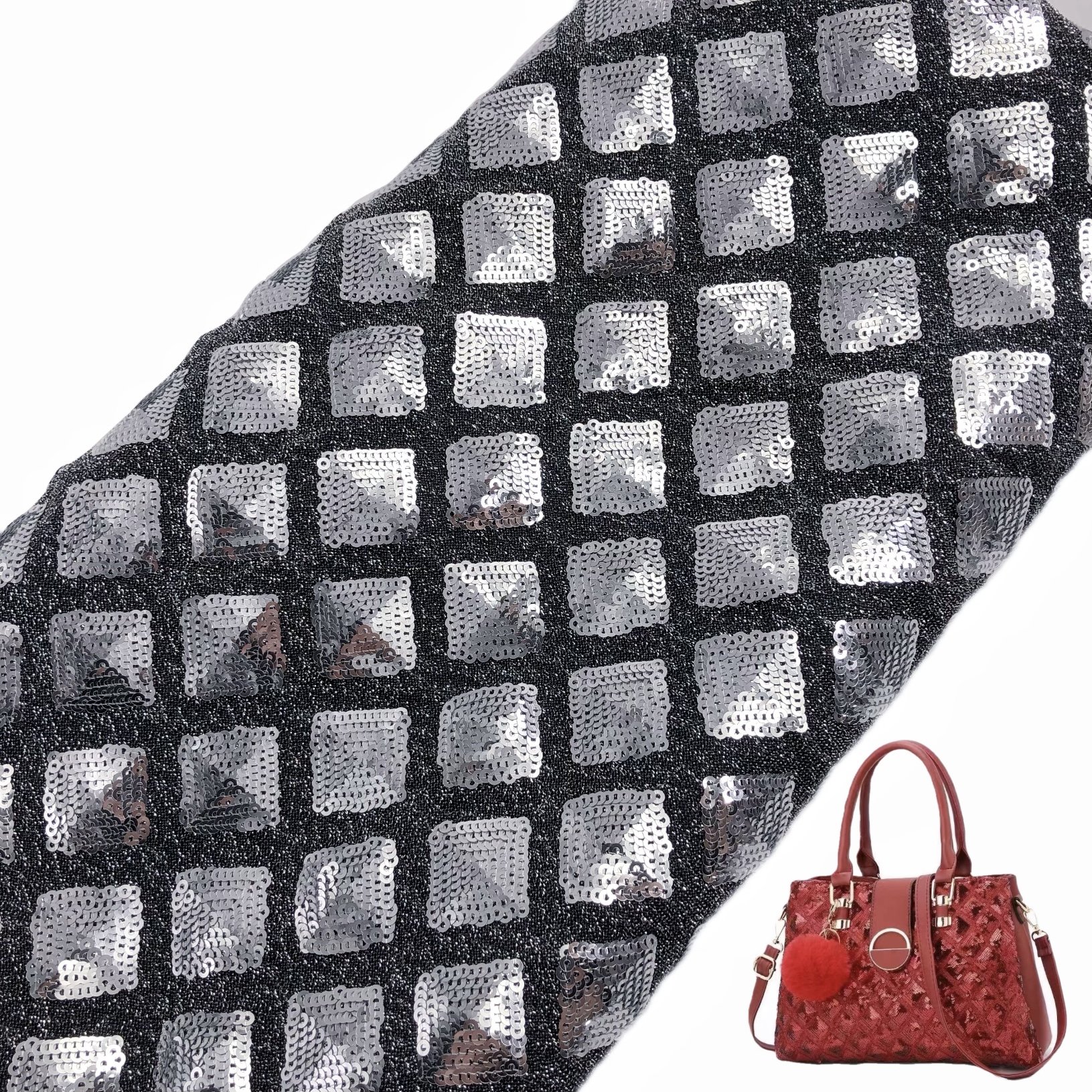 4-Way Elastic 3mm Square Sequins Lurex Fabric with Embroidered Pattern Stretch Feature Evening Dress Toys Costumes Bags Shoes