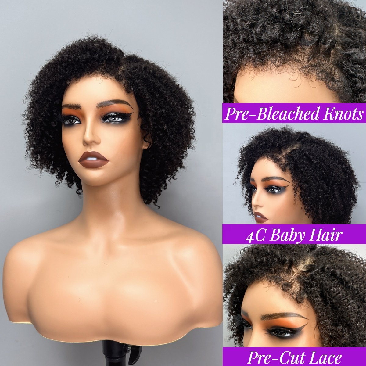8 Inch 4C Edges Hairline Curly Afro Bob Wig,Pre Plucked Bleached Knots Side Part Lace Wig,Short 4x4 Glueless Human Hair Wigs