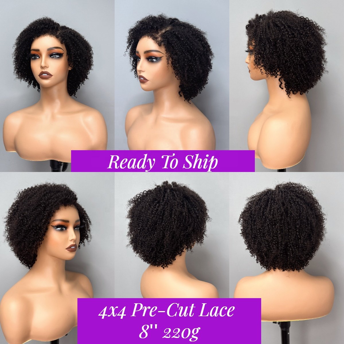 8 Inch 4C Edges Hairline Curly Afro Bob Wig,Pre Plucked Bleached Knots Side Part Lace Wig,Short 4x4 Glueless Human Hair Wigs
