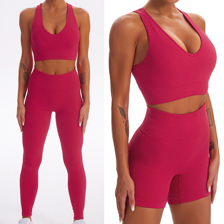 Custom Logo Women Gym Seamless Sports Bra Fitness Leggings Set Workout Gym Wear Soft Stretchy 4 Pieces Ribbed Seamless Yoga Set