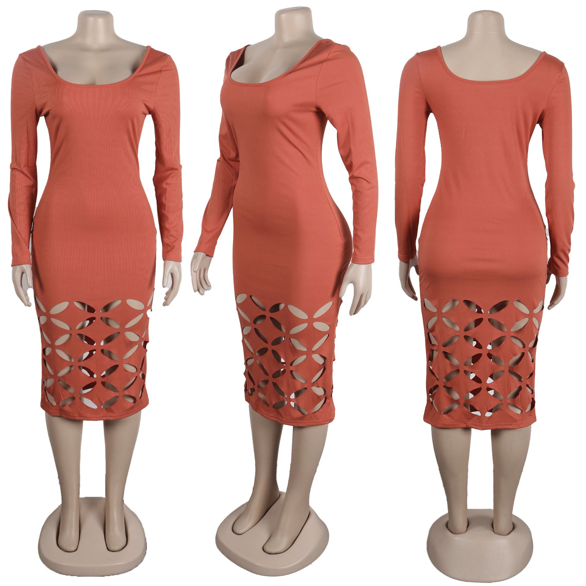 W81100 - quality rib knit solid color long sleeve hollow out bodycon casual midi dresses women