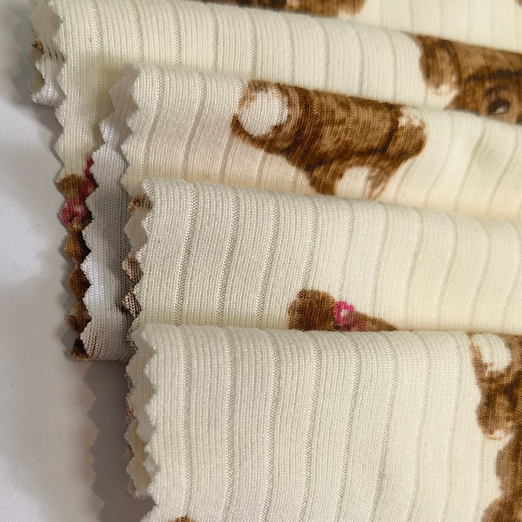 New cartoon bear design printed polyester spandex rib knit brushed fabric for t-shirt,dress