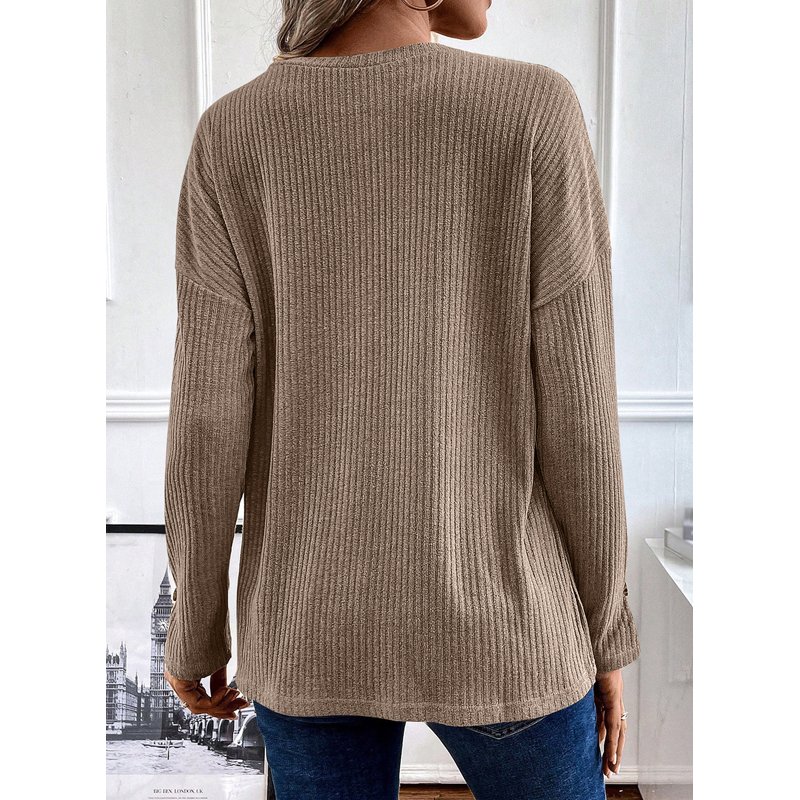 Dear-Lover Wholesale Custom OEM ODM Drop Shoulder Blouses Women Textured Henley Waffle Knitted Ribbed Long Sleeve Top