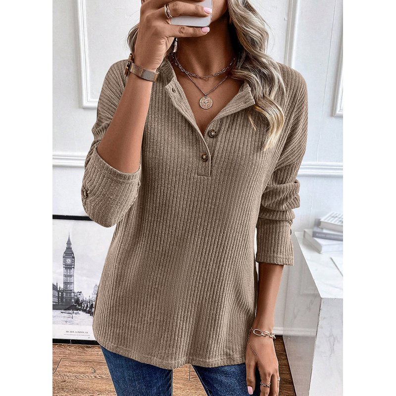 Dear-Lover Wholesale Custom OEM ODM Drop Shoulder Blouses Women Textured Henley Waffle Knitted Ribbed Long Sleeve Top