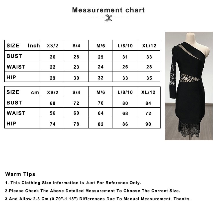 Lady New Lace Bandage Sloping One Shoulder Long Sleeve Sexy Black Short Evening Dresses 2024