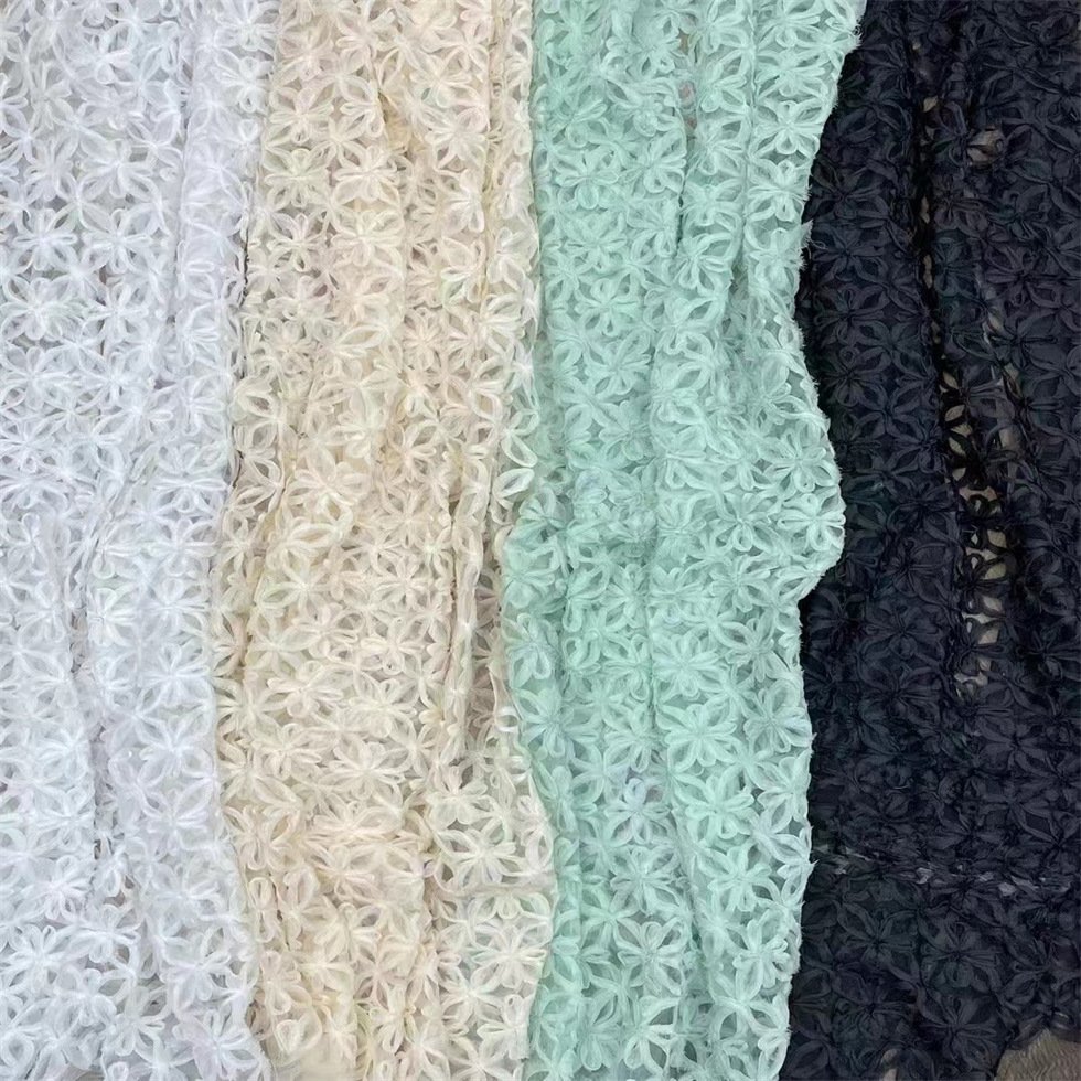 Stock Sale Fashion Designer Chiffon Fabric White Circle Geometric Pattern Lace Embroidery Fabric For Skirt Headdress Dress