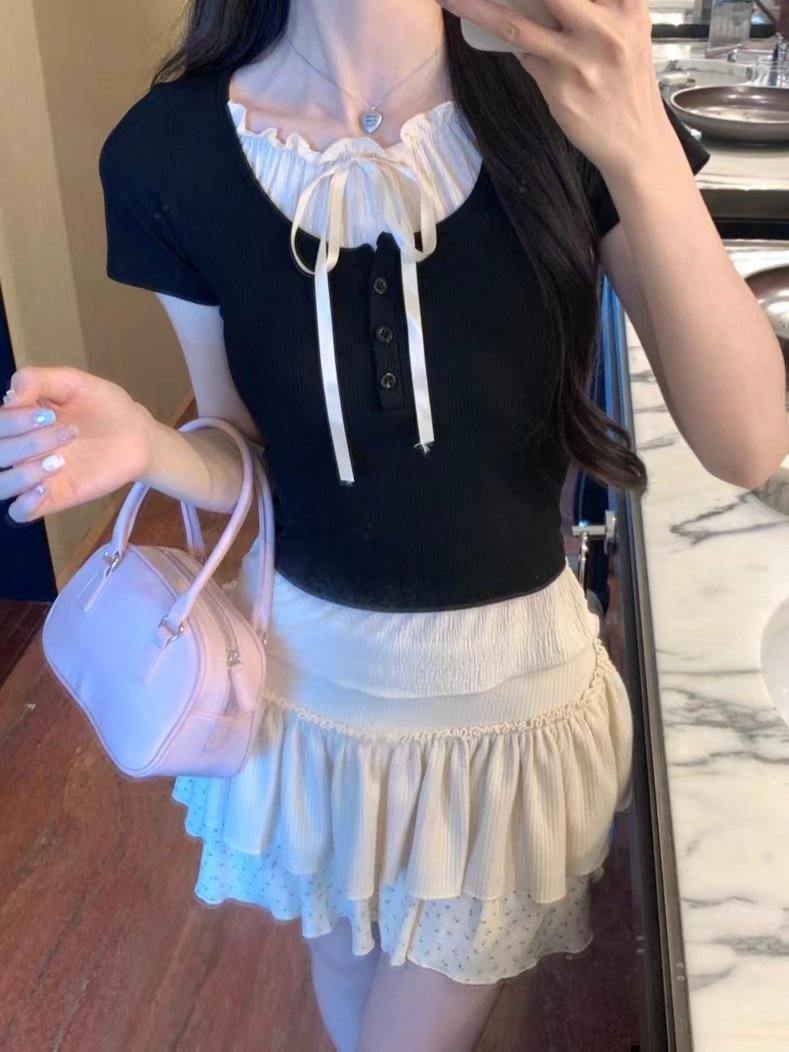 Retro Color Block Splice Lady Short Sleeve Bow Top T-Shirt Summer Women Ribbed Pullover Slim Top Shirt