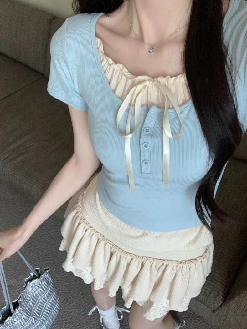 Retro Color Block Splice Lady Short Sleeve Bow Top T-Shirt Summer Women Ribbed Pullover Slim Top Shirt