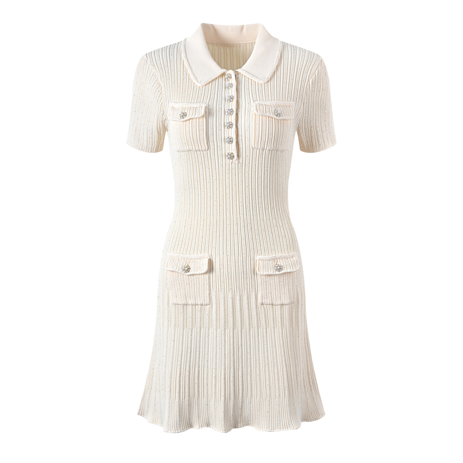 New style stretchy slim-fit misty blue ribbed diamond button collar knit dress with short skirt