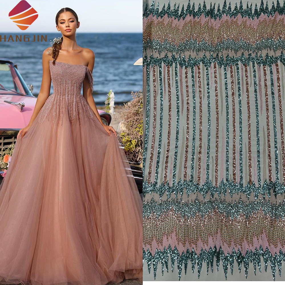 Exclusive Sequined French Embroidered Lace With Handmade Tulle Lace With Beads Fabric For Party Dresses
