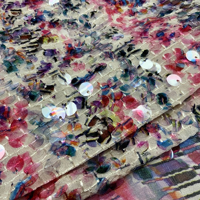 Shaoxing textile factory price 3D printed sequin embroidery chiffon fabric with sequins
